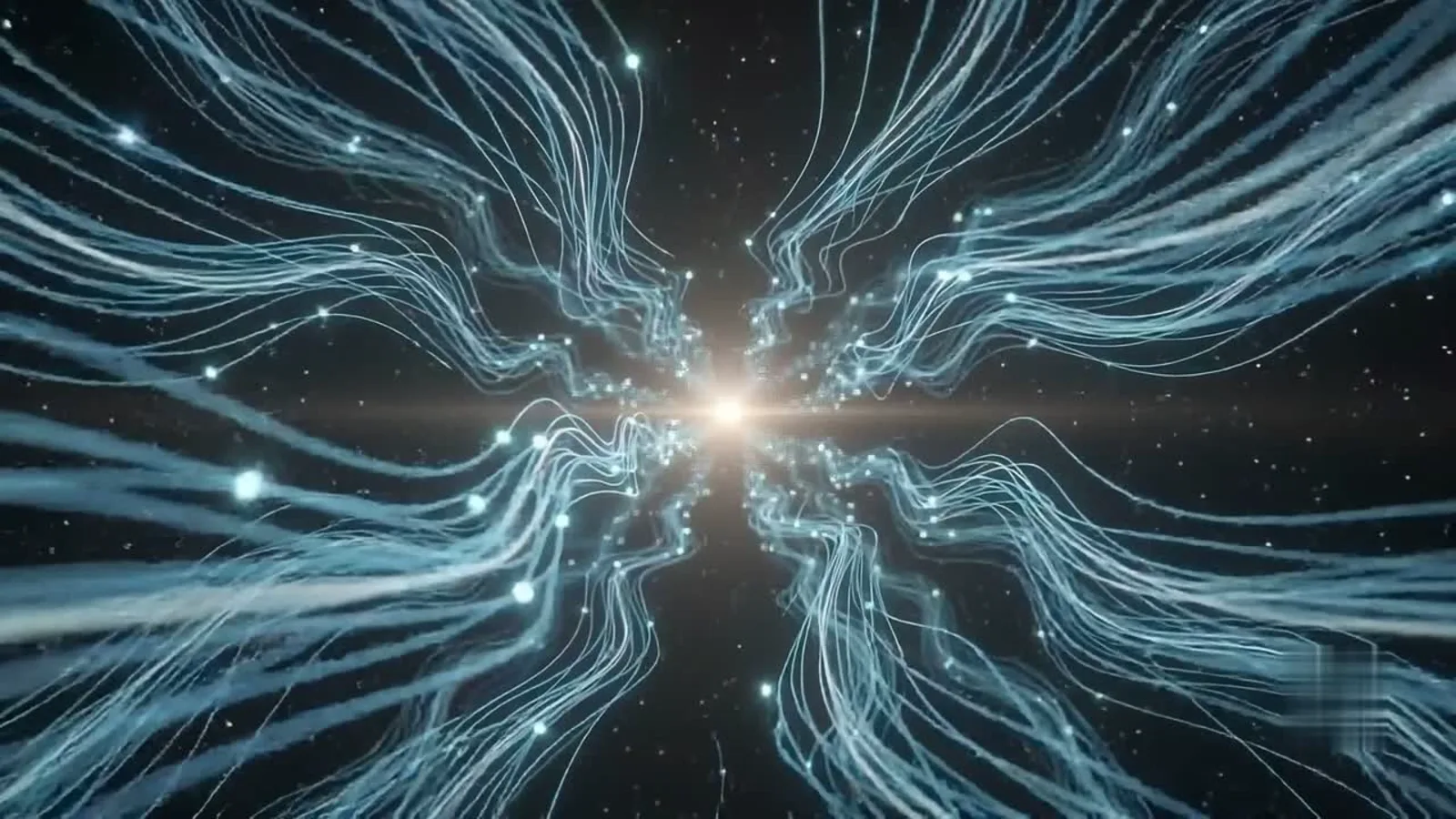 Converging streams of light representing distributed teams connected to one business
